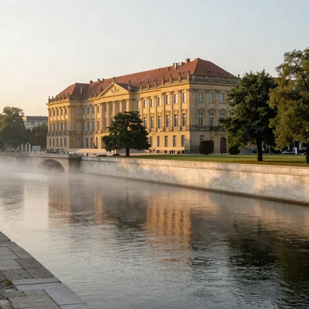 Potsdamer Schlossfassaden an einem ruhigen Kanal im goldenen Abendlicht