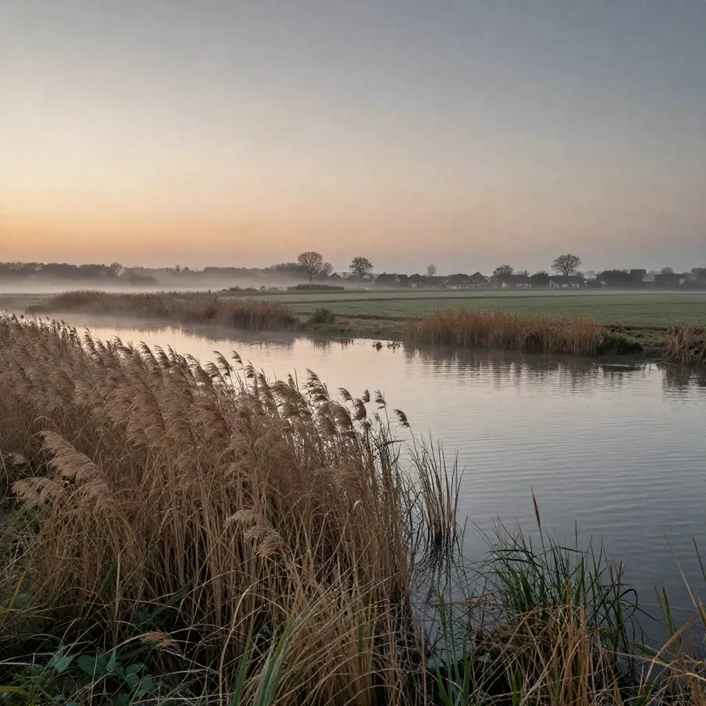 Havelland-Marschland mit Schilf, Wasserwiesen und fernen Dächern im Abendlicht