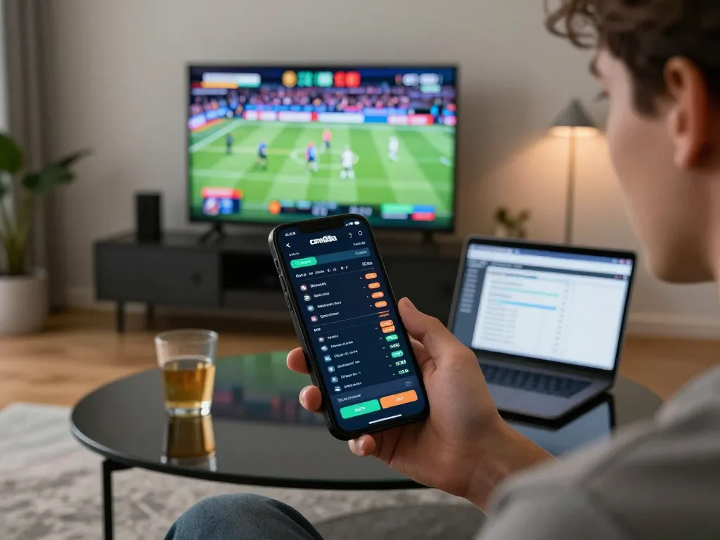 Engaged user placing bets on cm88a mobile app during a live sports event, surrounded by betting strategy tools.