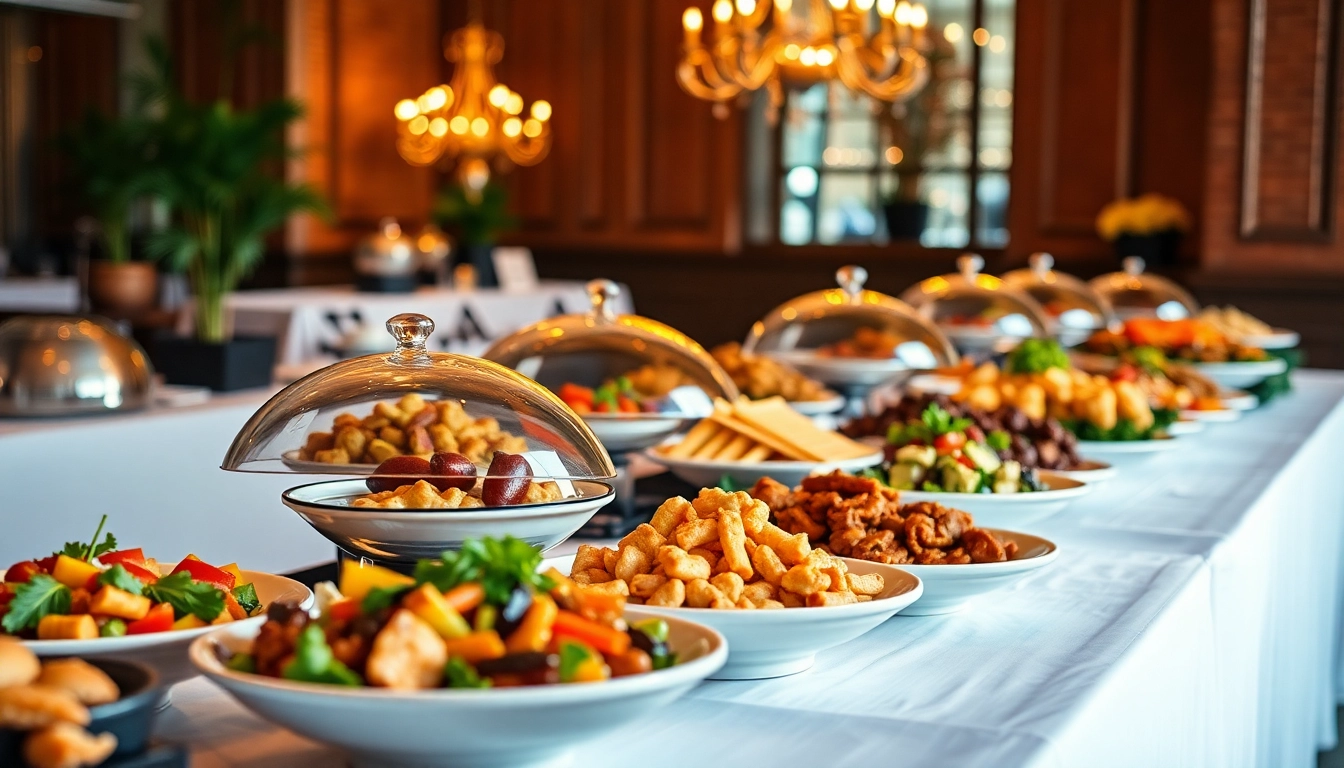 Enjoy a lavish buffet catering setup featuring an array of colorful dishes, perfect for events.