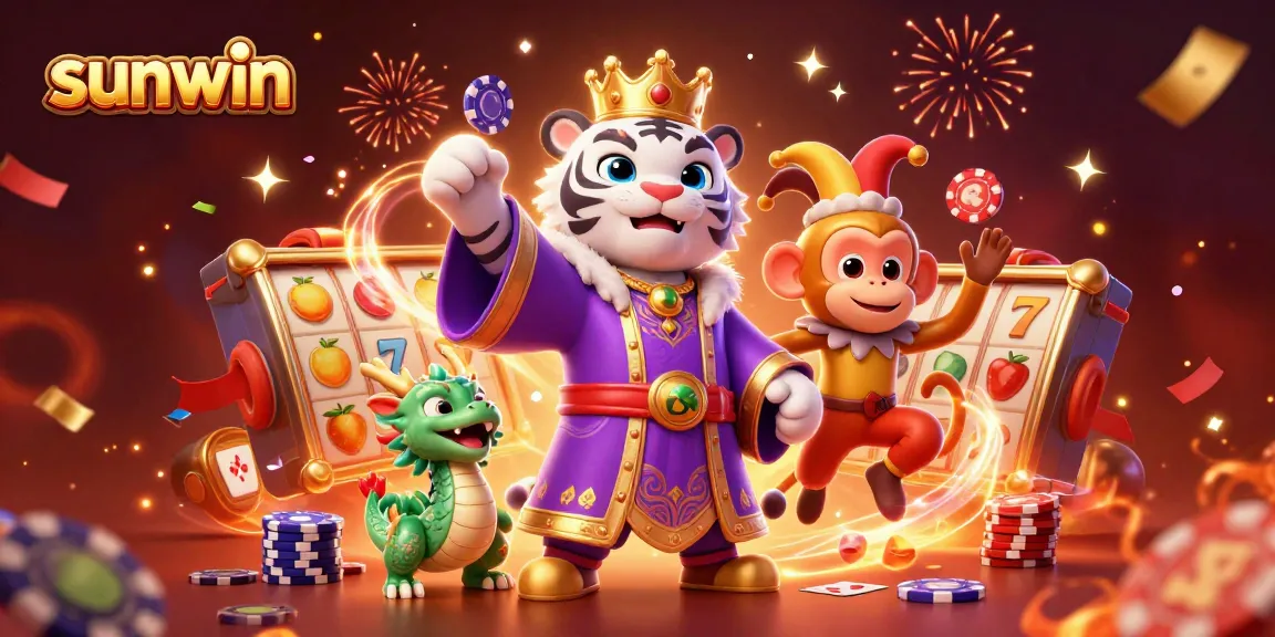 Spin the reels and win with Sunwin's vibrant 3D casino illustration featuring lucky symbols and characters.