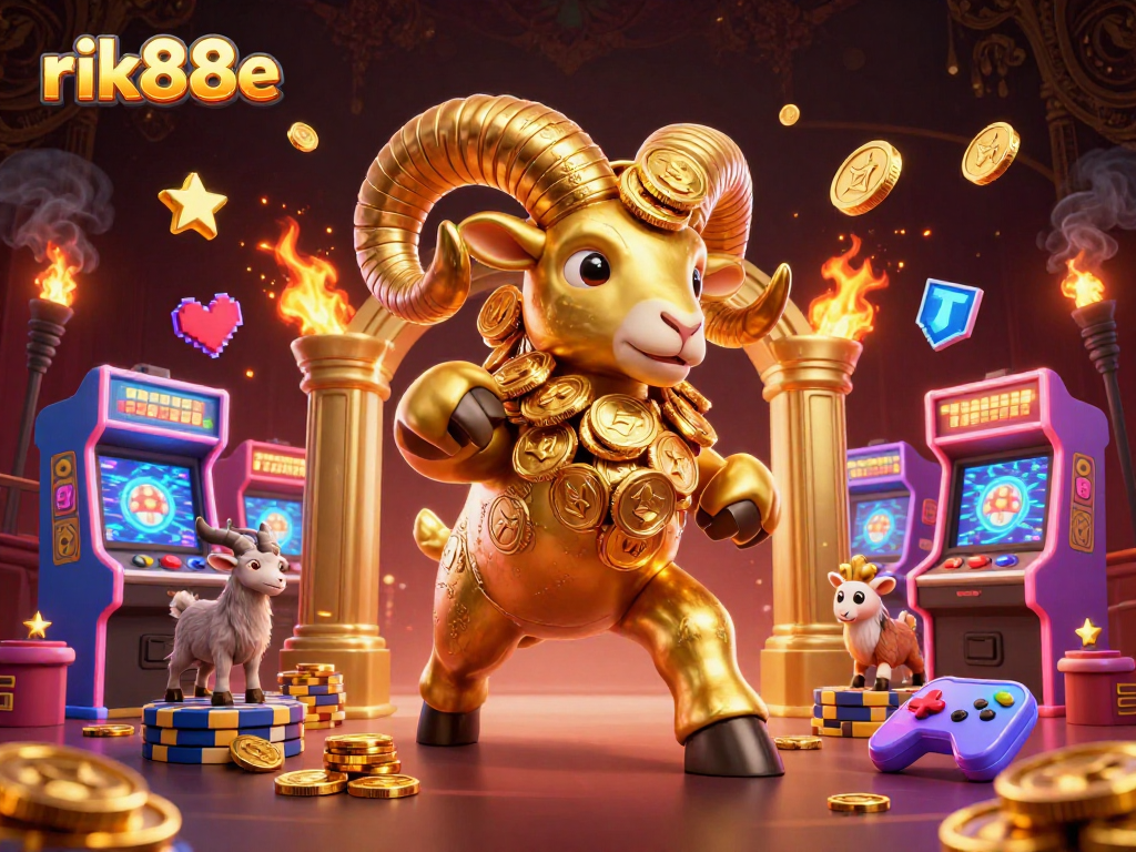 Experience thrilling action at rik88e with a cartoon golden ram charging through a casino scene filled with games.