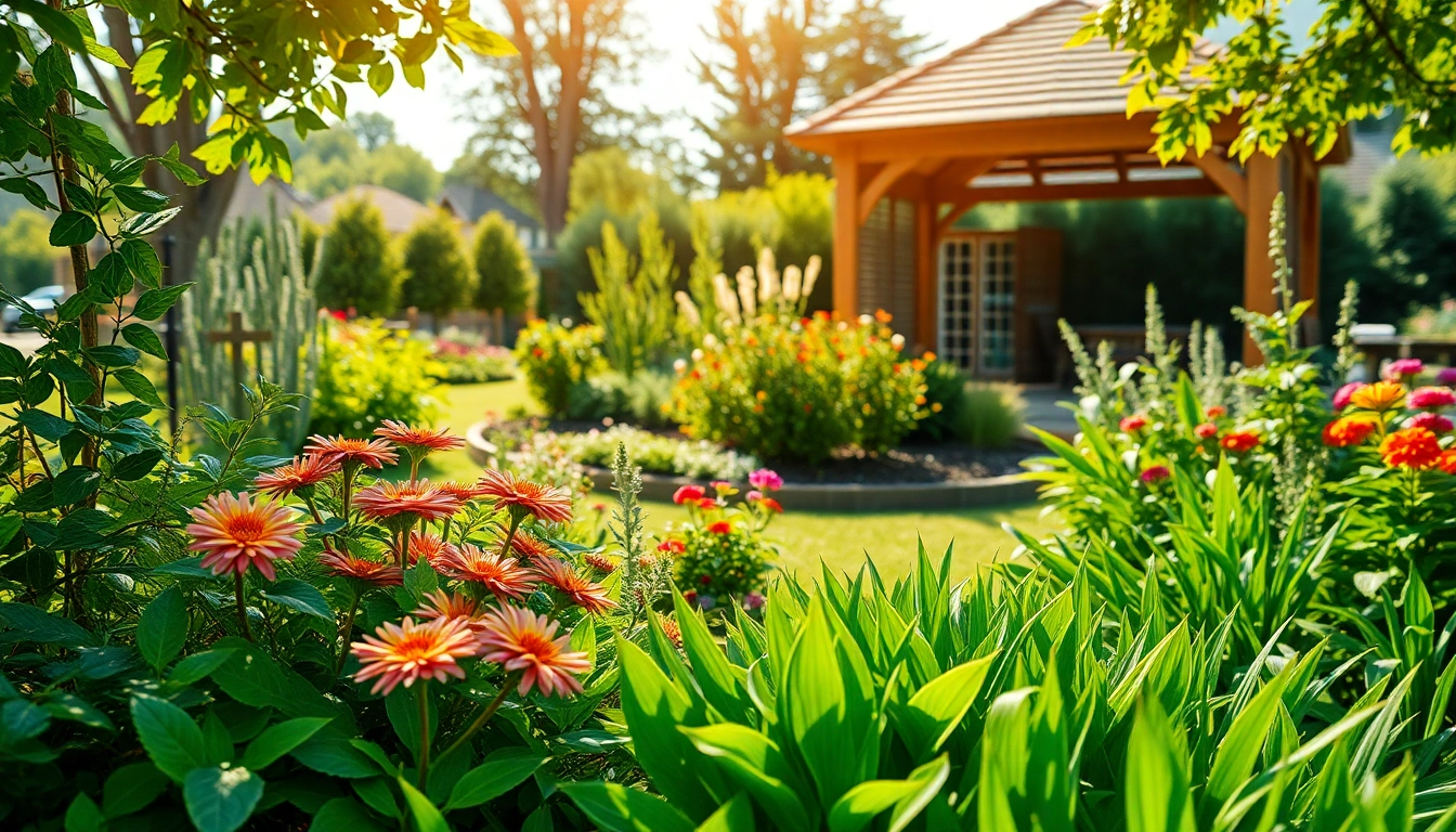 Gartenbaubetrieb mit vielfältigen Pflanzen und Blumen in einem gepflegten Garten.