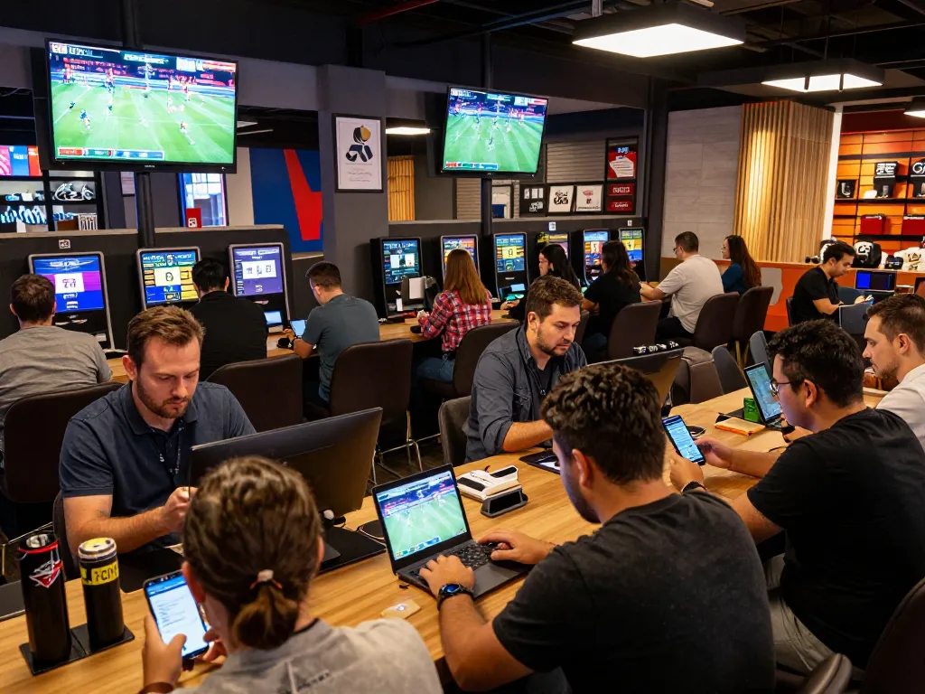 Tỷ lệ kèo nhà cái hôm nay displayed on multiple screens in a bustling live sports betting venue.