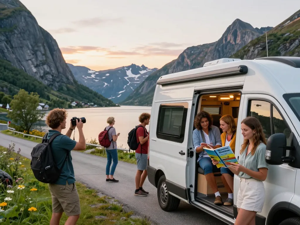 Skandinavische Reisetipps in Aktion, die Freunde zeigen, die eine Straßenreise durch atemberaubende Landschaften unternehmen, während sie lokale Attraktionen erkunden.