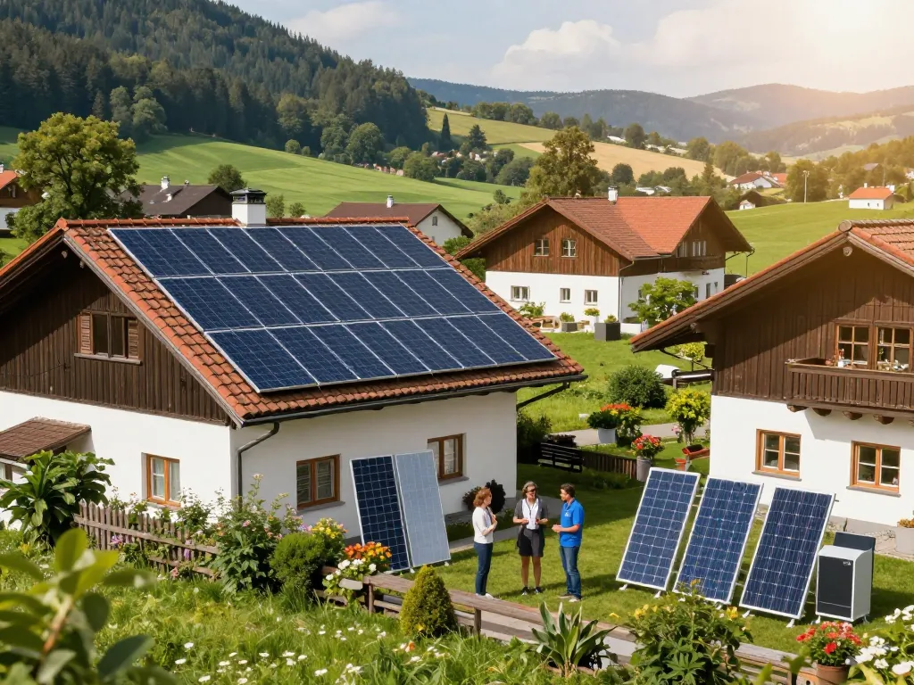 Photovoltaik Bayern - Hausbesitzer erkunden Optionen für Solarenergie in einer wunderschönen bayerischen Kulisse.