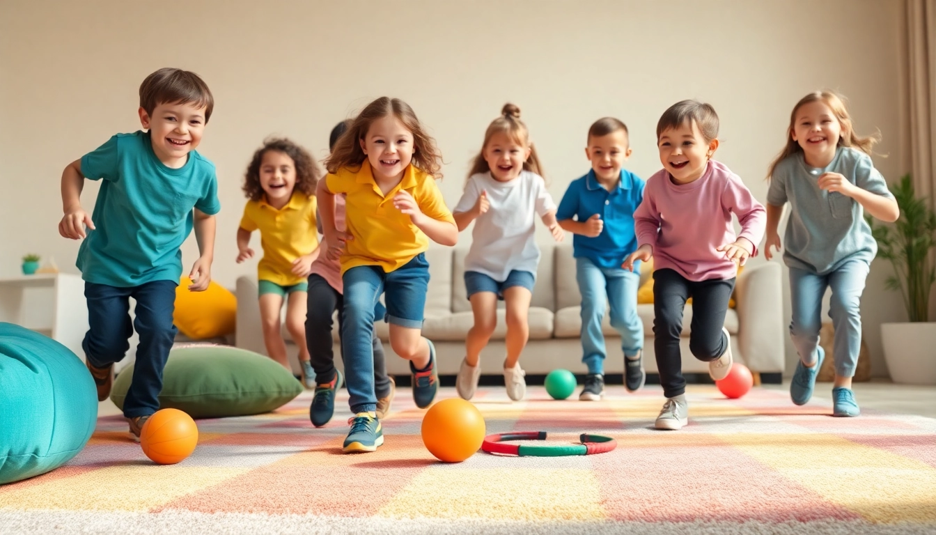 Hier klicken und informieren ueber froehliche Kinder, die bei Bewegungsspielen voll Freude spielen.