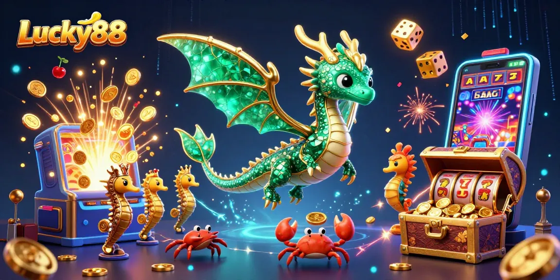 Spin the reels with Lucky88 and explore dynamic slot elements amidst a treasure-filled scene.