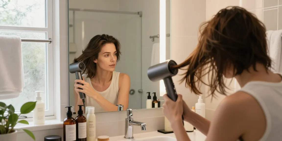 Using a compact hair dryer in a modern bathroom for stylish grooming