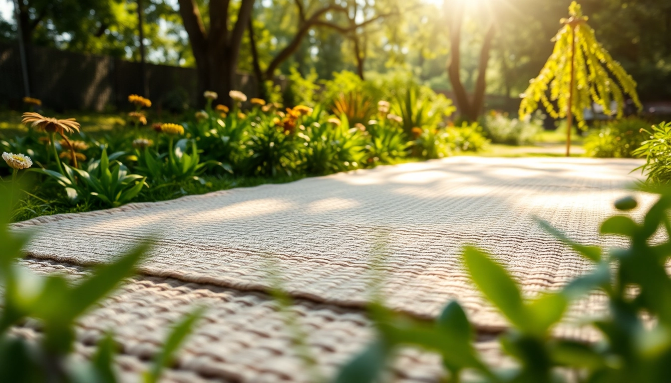 Die Hanfmatte ausgelegt in einem ruhigen Garten, umgeben von lebhaften Pflanzen.