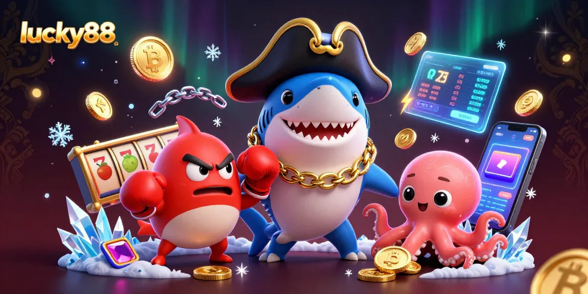 Play lucky88 with vibrant slot reels and 3D characters amidst gold coins and crypto elements.