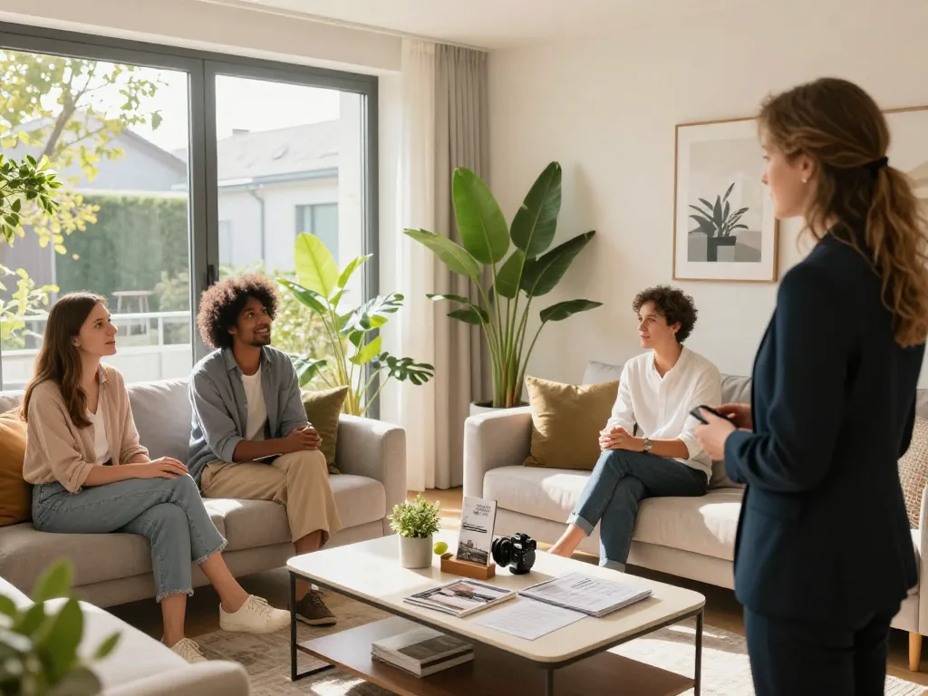 Immobilienmakler Frankfurt Ginnheim zeigt ein eingerichtetes Wohnzimmer potenziellen Käufern mit lebendiger Dekoration und natürlichem Licht.
