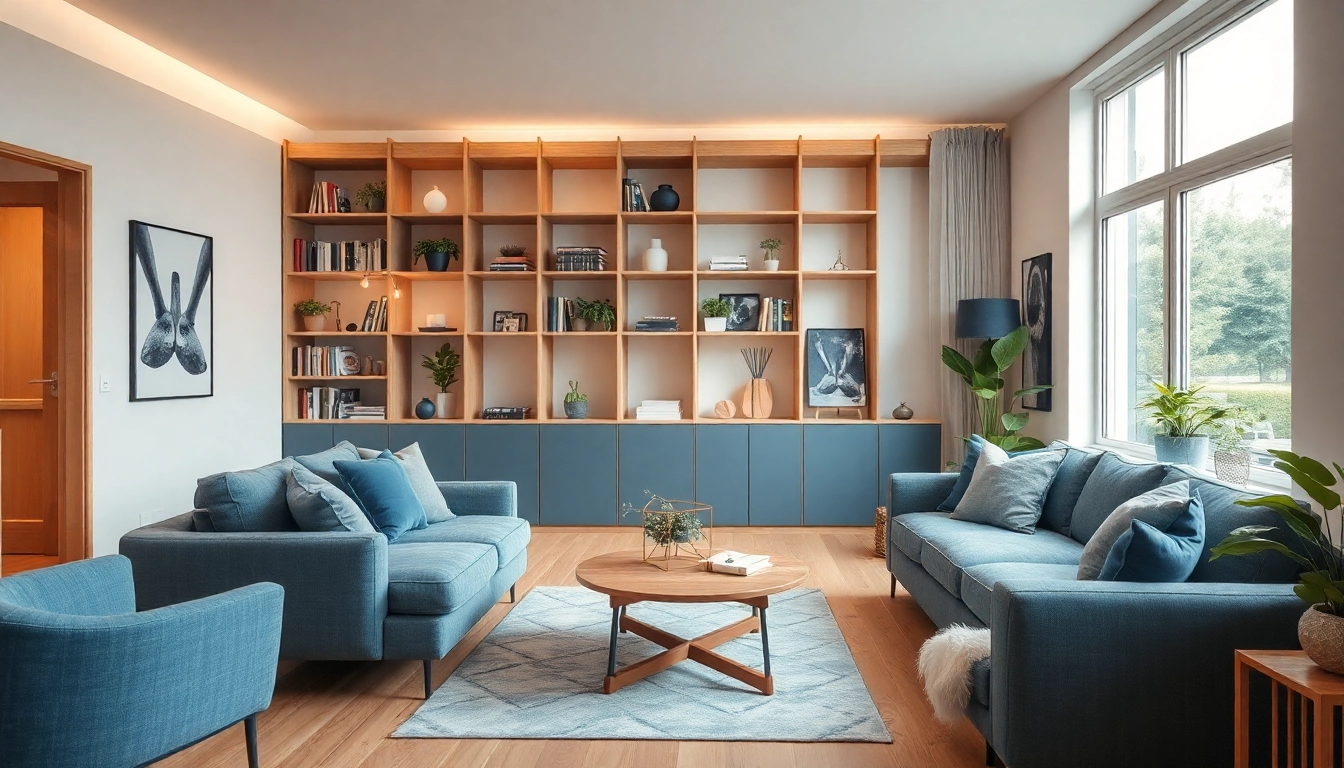 Raumgestaltung eines modernen Wohnraums mit harmonischen Farben und gemütlicher Sitzecke.