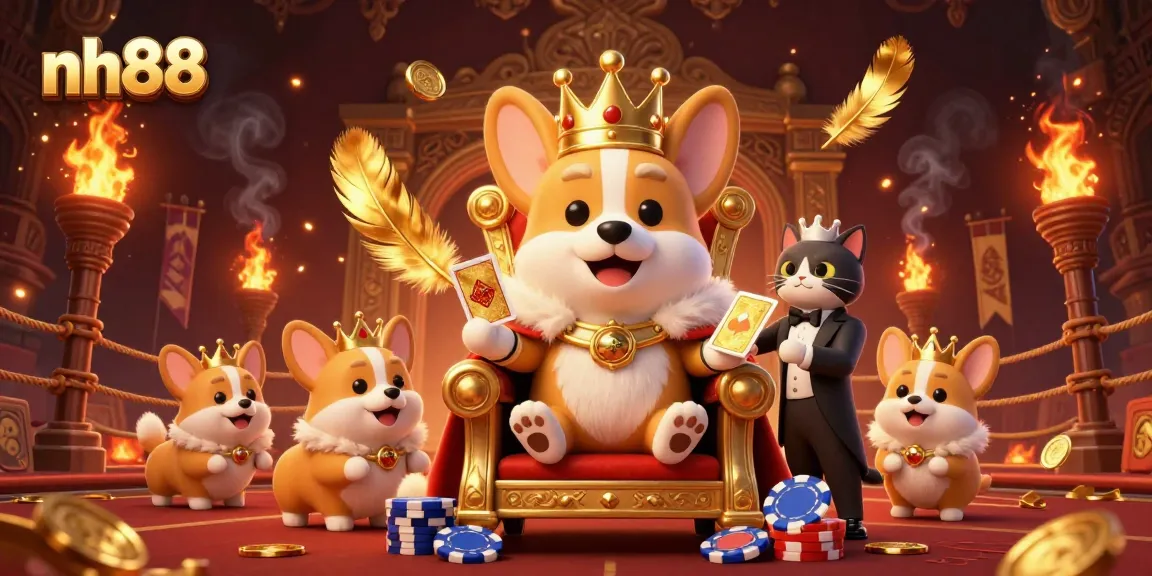 nh88 shows royal corgis and a butler in a vibrant, dynamic casino scene filled with gold and excitement.