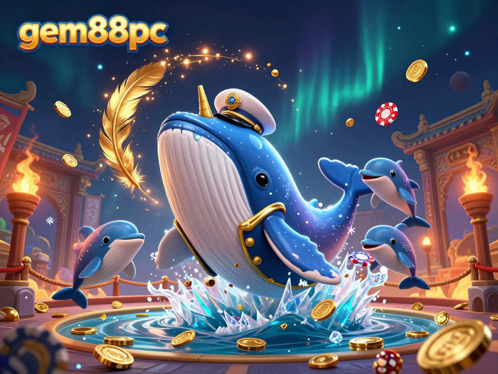 Experience thrilling gameplay at gem88pc with a captivating 3D whale, dolphins, and gold coins.