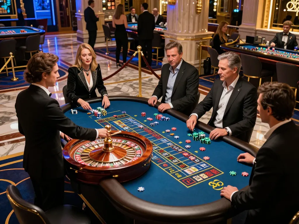 Players strategizing during a thrilling roulette game at Sun Win Casino, with vibrant chips and an elegant ambiance.