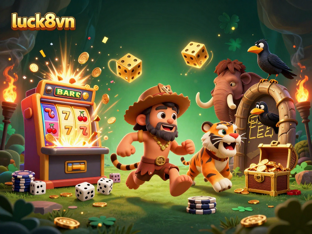 Experience the excitement of luck8vn as a caveman and sabertooth duo hit the jackpot in a prehistoric casino!
