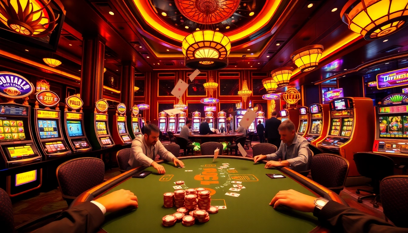 B52 club casino scene showcasing players at a poker table and vibrant slot machines.