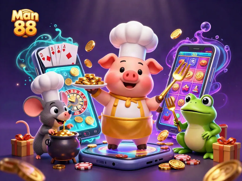 Experience thrilling gaming at Man 88 with a vibrant illustration featuring pig chef serving gold coins.