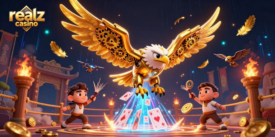 Experience excitement at realz casino with a 3D illustration showcasing a cybernetic eagle amidst glamorous gaming elements.