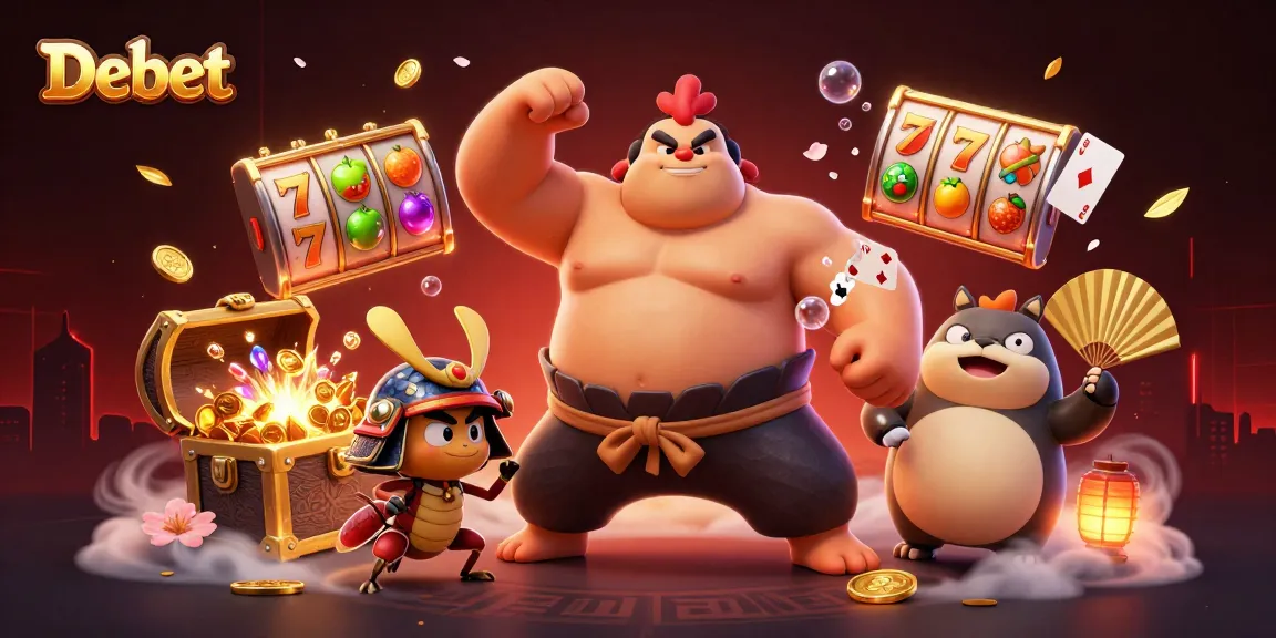 Experience jackpot excitement with Debet's sumo wrestler and samurai cricket surrounded by treasures.
