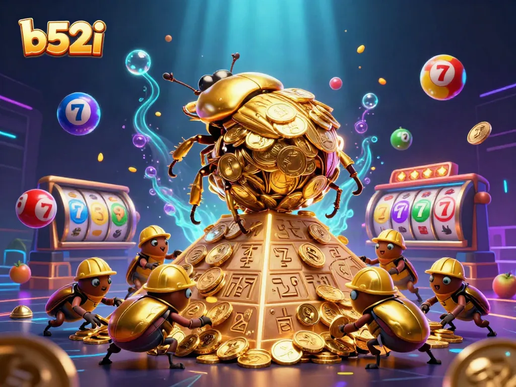 Engage with b52i featuring a golden dung beetle and casino elements in vibrant 3D illustration.