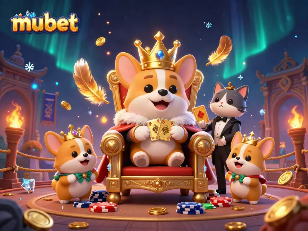 Experience the thrill of mubet with a vibrant 3D casino scene showcasing royal corgis and gaming elements