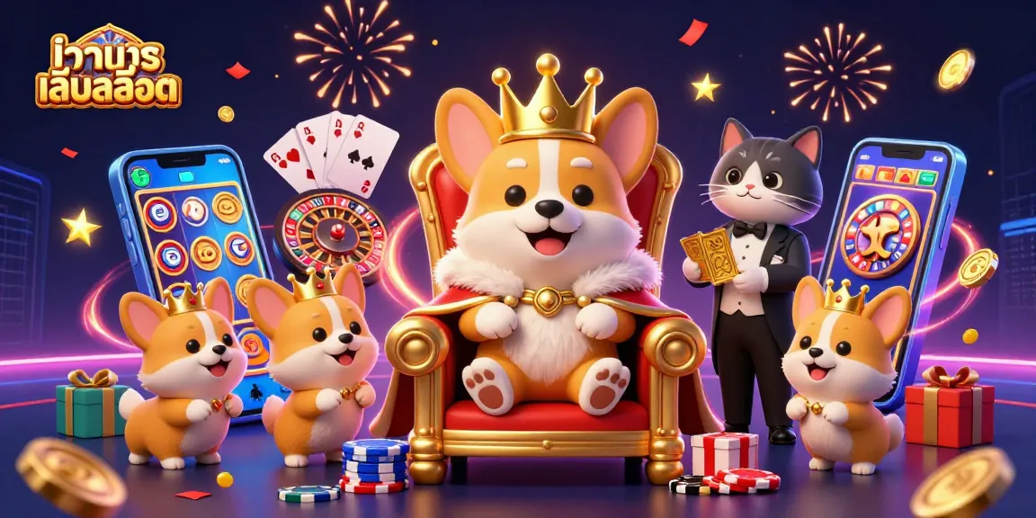 Experience ทดลองเล่นสล็อต with a vibrant royal corgi surrounded by dazzling gaming elements.