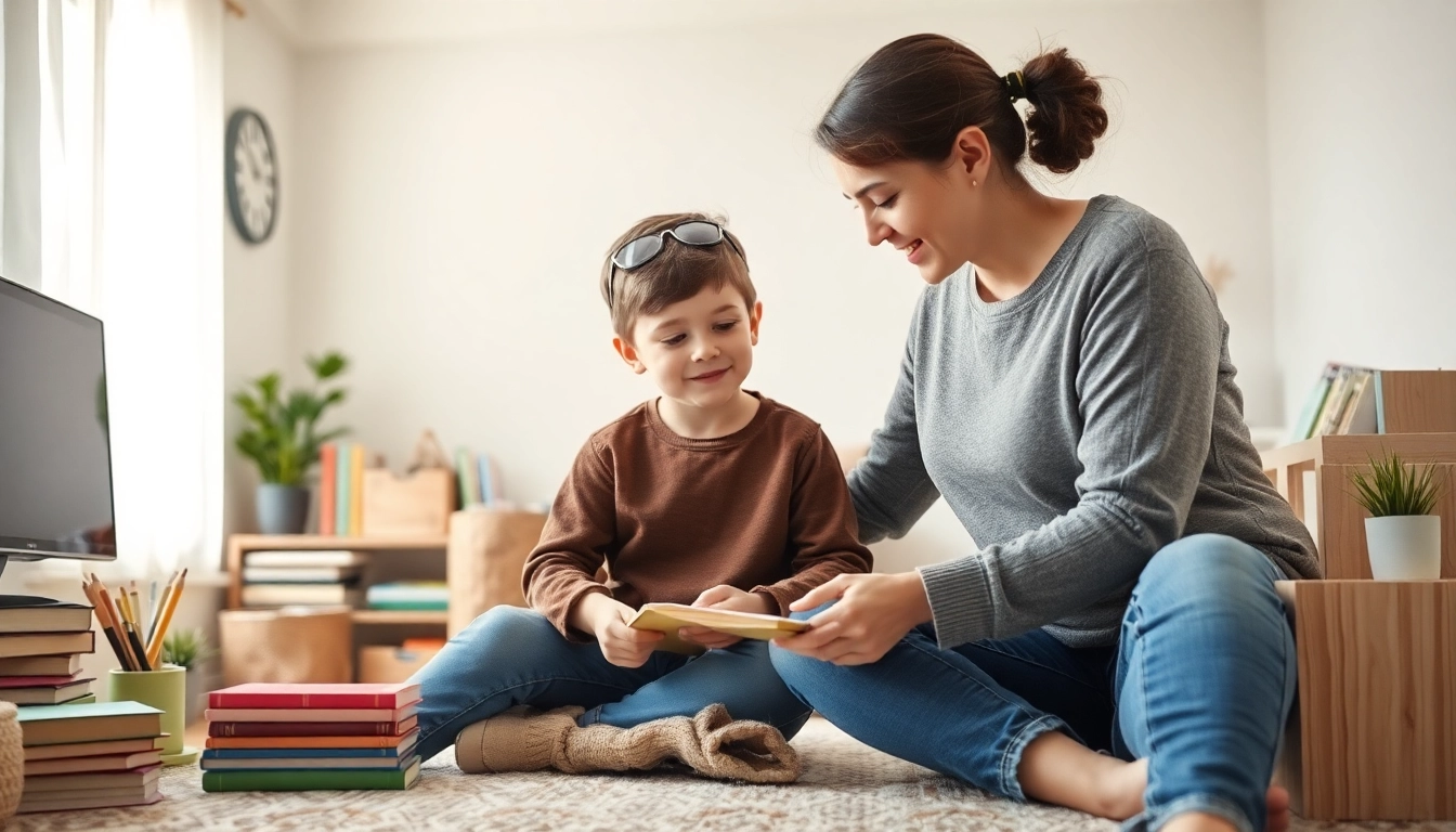 Aktivitäten im Heimunterricht: Ein Kind lernt mit einem Elternteil in einem einladenden Lernumfeld mit Büchern und Schreibutensilien.