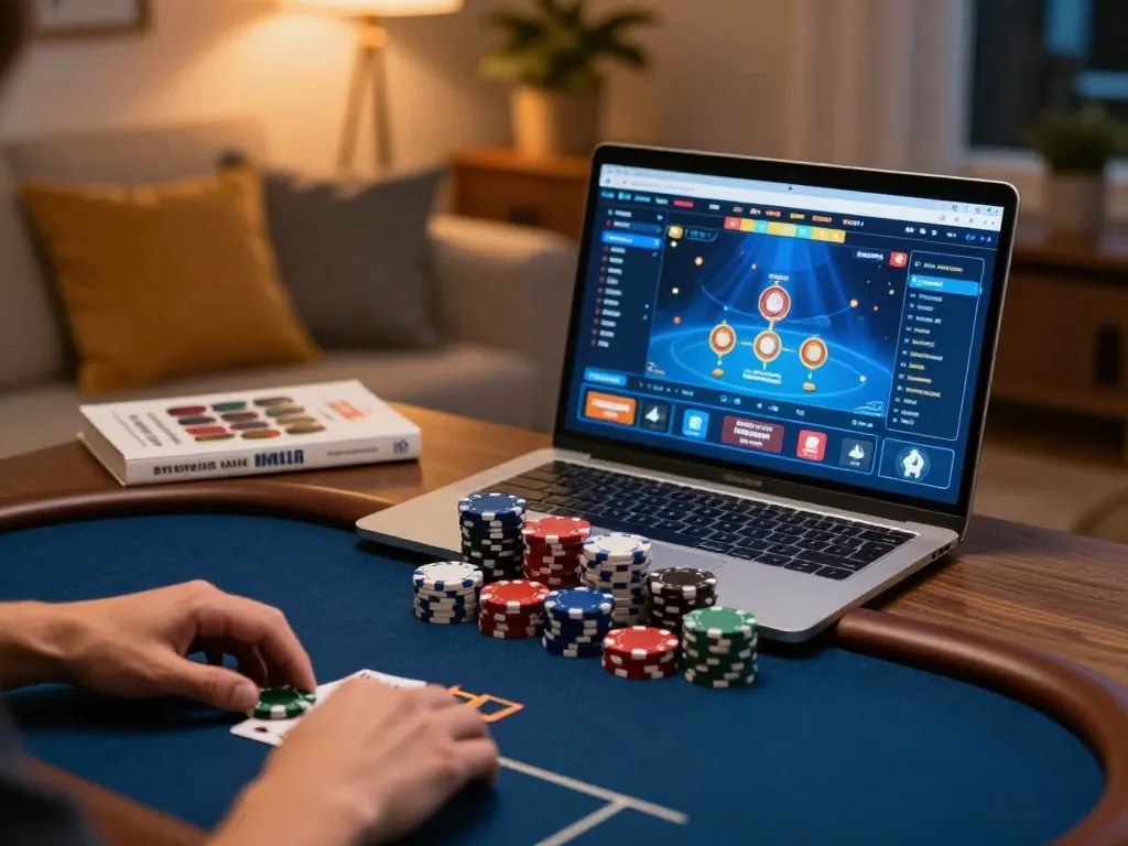 Engaged player navigating rik vip online poker game with strategic focus and vibrant interface.