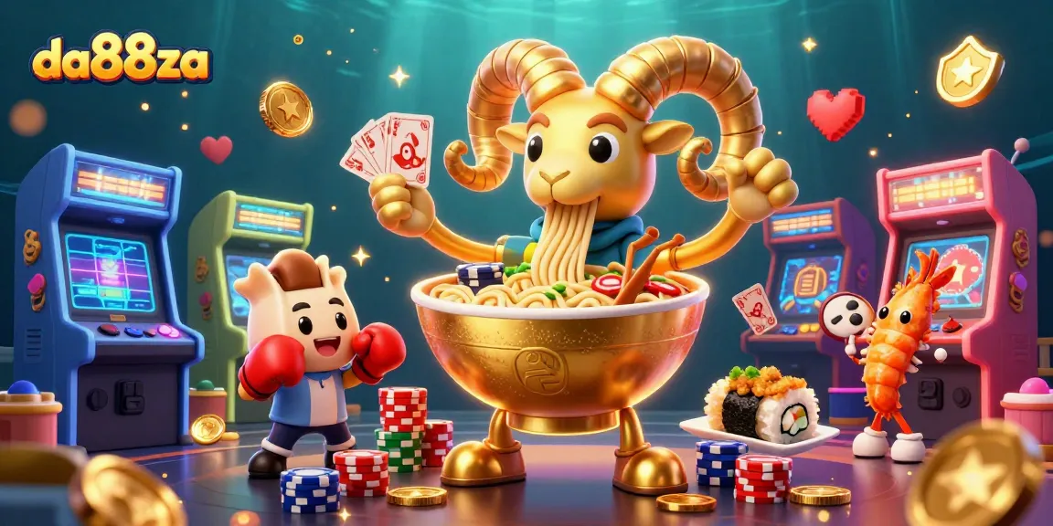 da88za showcases a vibrant casino scene with a golden ramen bowl character, exciting game elements, and dynamic energy.