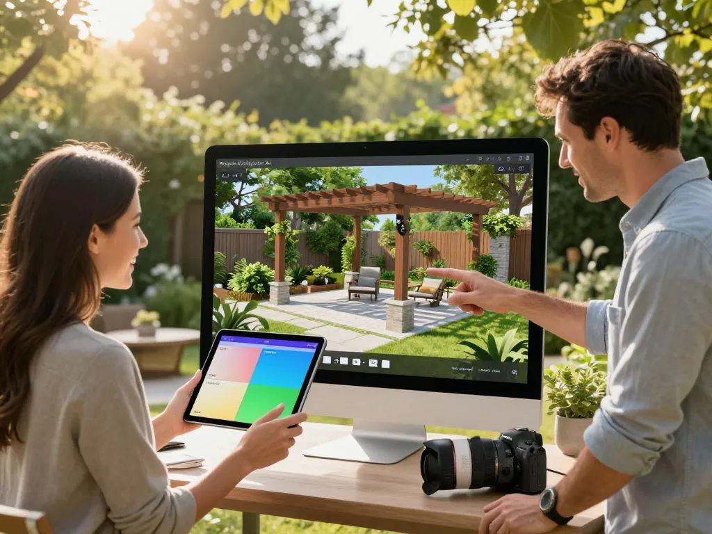 Interaktive Szene mit einem 3D Pergola Konfigurator, der ein Gartendesign-Erlebnis zeigt.