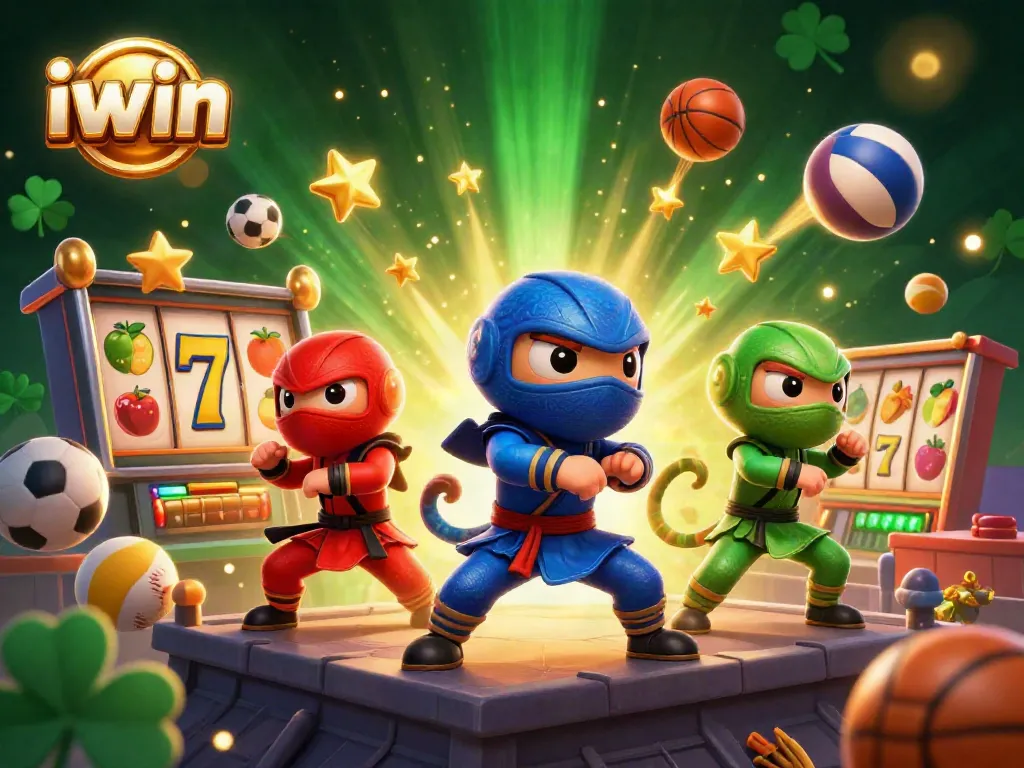 Engage with iwin through thrilling 3D ninja chameleons showcasing their skills around vibrant slot machines.