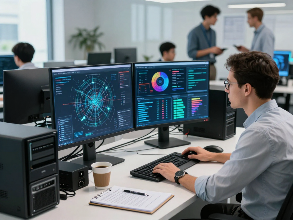 Daten- und IT-Sicherheit Dienstleistung depicted in a cybersecurity expert's modern workspace analyzing real-time data and network protection.
