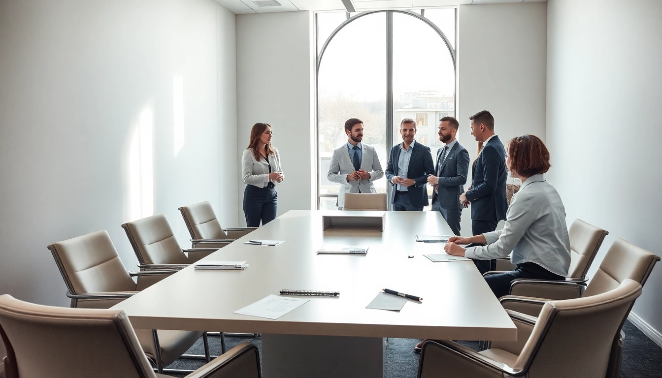 Fachkräfte im Austausch über Strategien mit einem Headhunter Düsseldorf im modernen Büro.