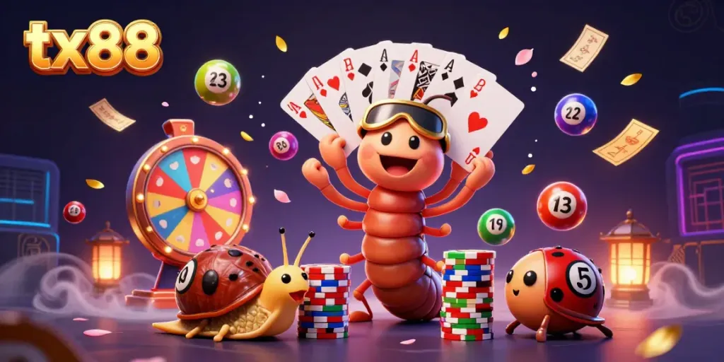 Engage with vibrant tx88 casino action featuring a millipede dealer fanning cards, a snail high-roller, and a pill bug!