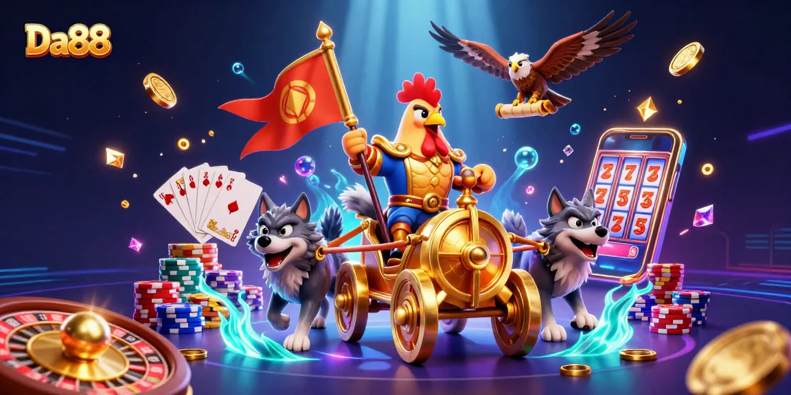 Engage with Da88's thrilling gaming experience featuring a 3D cartoon rooster warlord in an illustrative casino scenario.