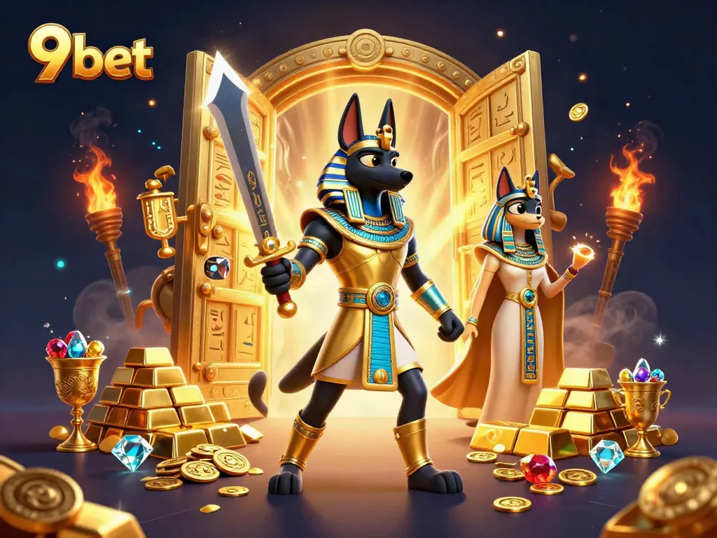 Engage in thrilling action at 9 bet with Anubis and Bastet amid dazzling treasures.