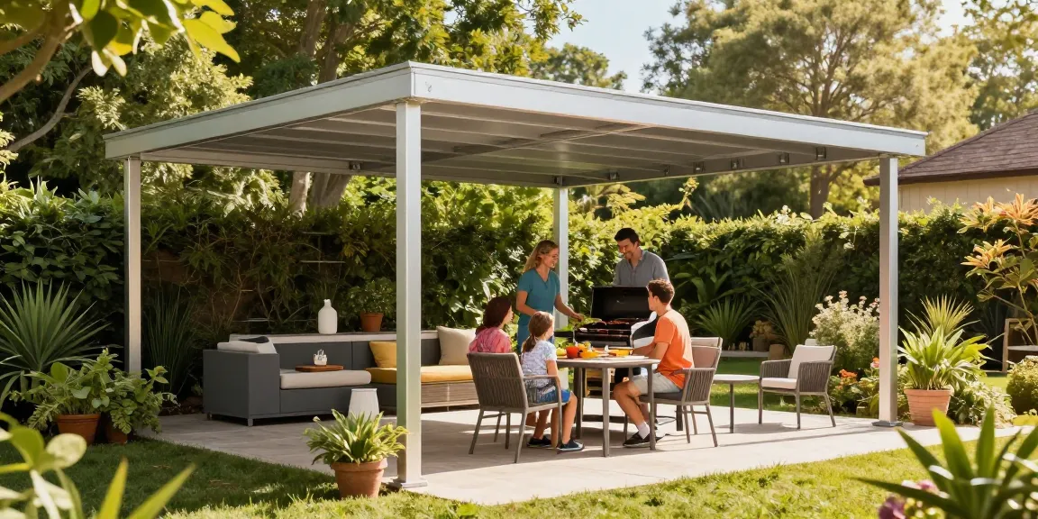 Terrassenüberdachungen aus Aluminium schützen die Familie beim Grillen im Garten.