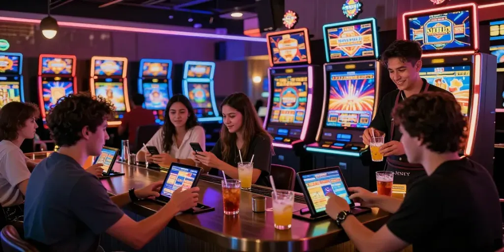 Mobile Casino Ranking 2026: Spieler genießen Zeit mit mobilen Casinospielen in lebendiger Umgebung.