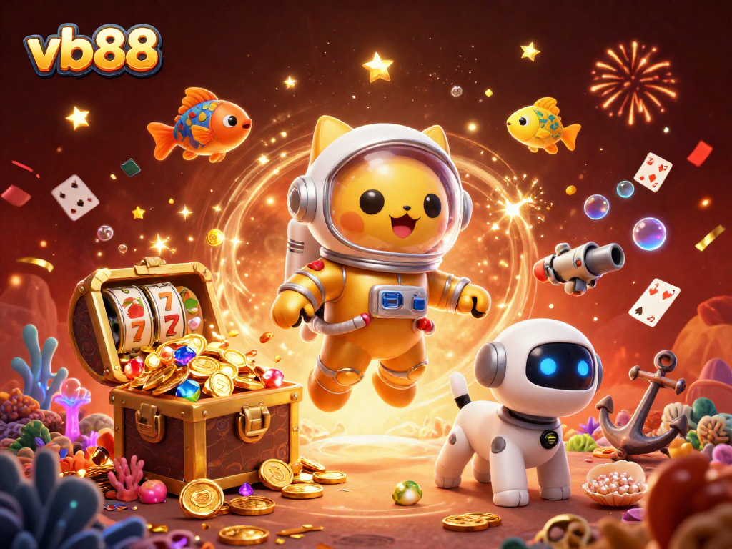 Engage with vb88’s thrilling slot adventure featuring a cat astronaut, with golden coins and festive effects swirling.