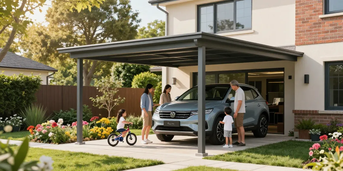 Moderne Carport-Konstruktion neben einem stilvollen Haus, Familienmitglieder inspizieren das Auto darunter, Kinder spielen mit Fahrrädern im Freien.