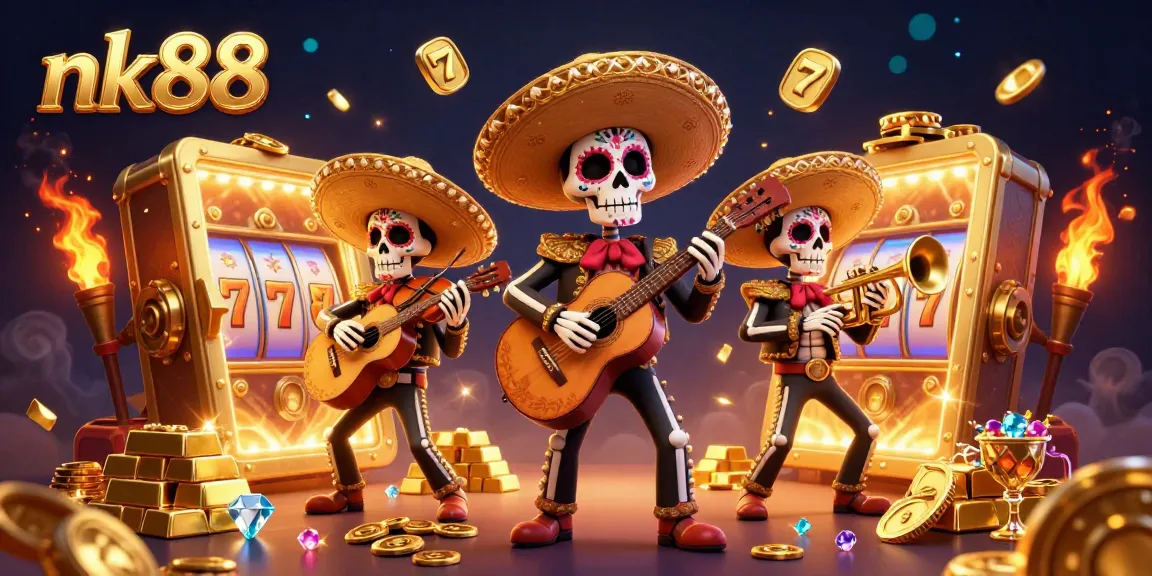 Engage in thrilling jackpots at nk88's vibrant casino scene featuring a mariachi band amidst dazzling treasures.