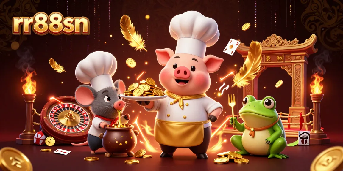 Experience gaming excitement with rr88sn as a pig chef serves gold coins in a vibrant 3D casino scene.