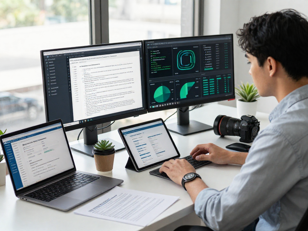 Detailed workspace for document fraud detection, featuring an analyst reviewing KYC compliance metrics on dual monitors amidst a professional office setting.