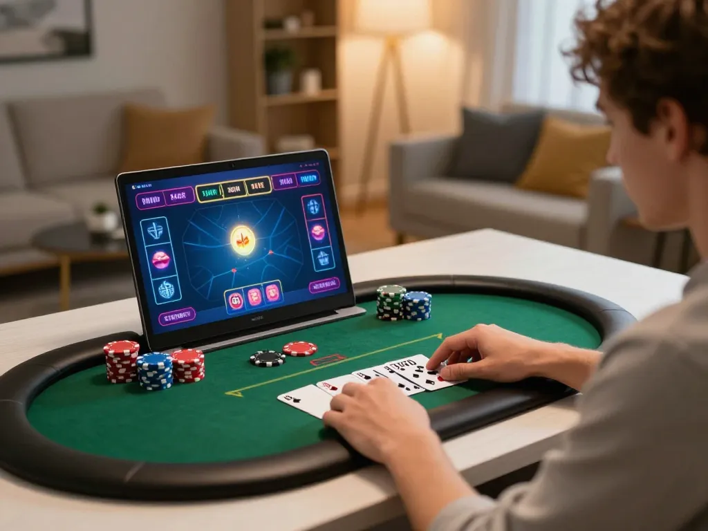 shbet800 player engaging in online poker with vibrant graphics and cozy home setting