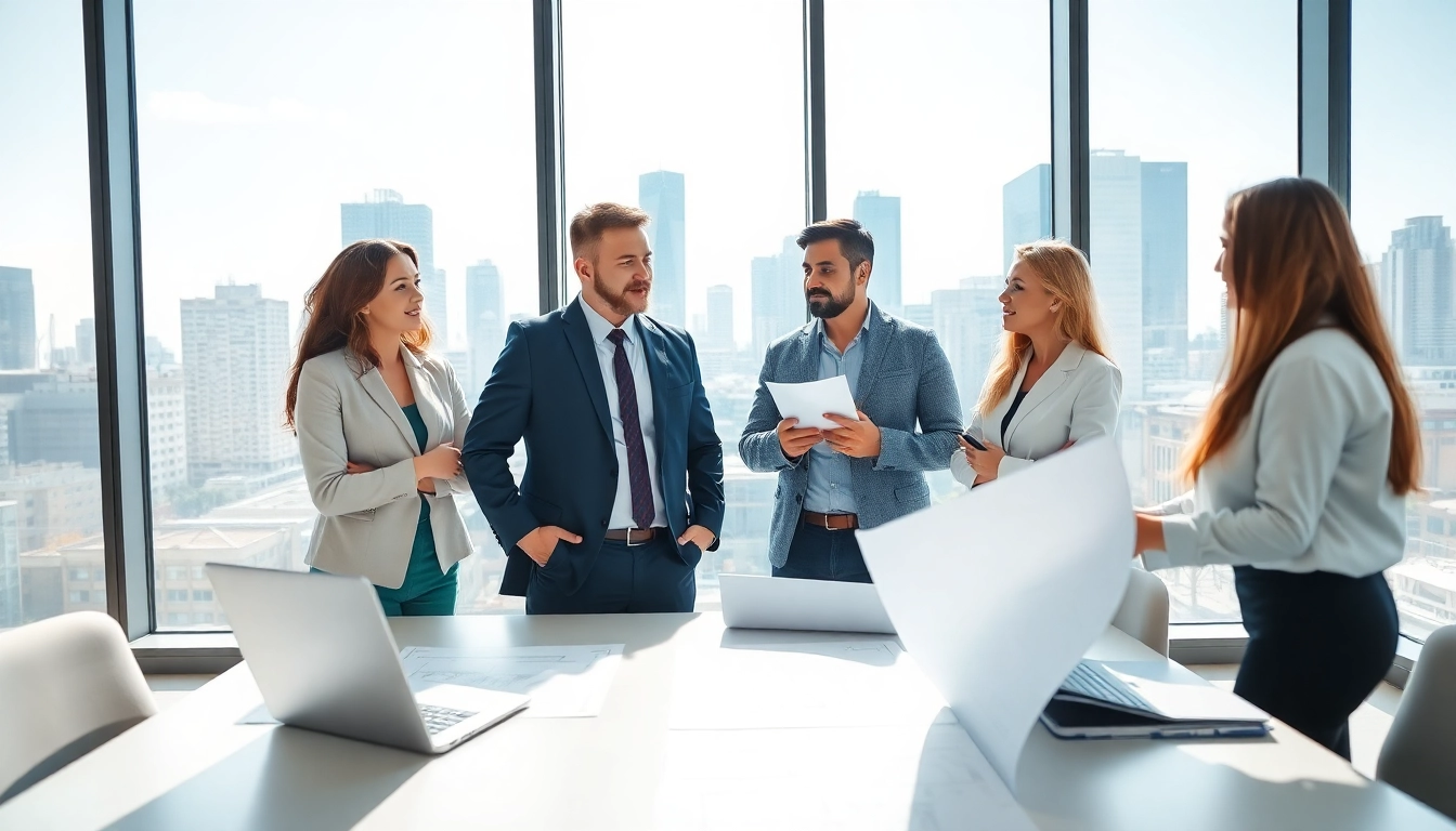 Headhunter Ingenieure im Gespräch in einem modernen Büro mit urbanem Ausblick.