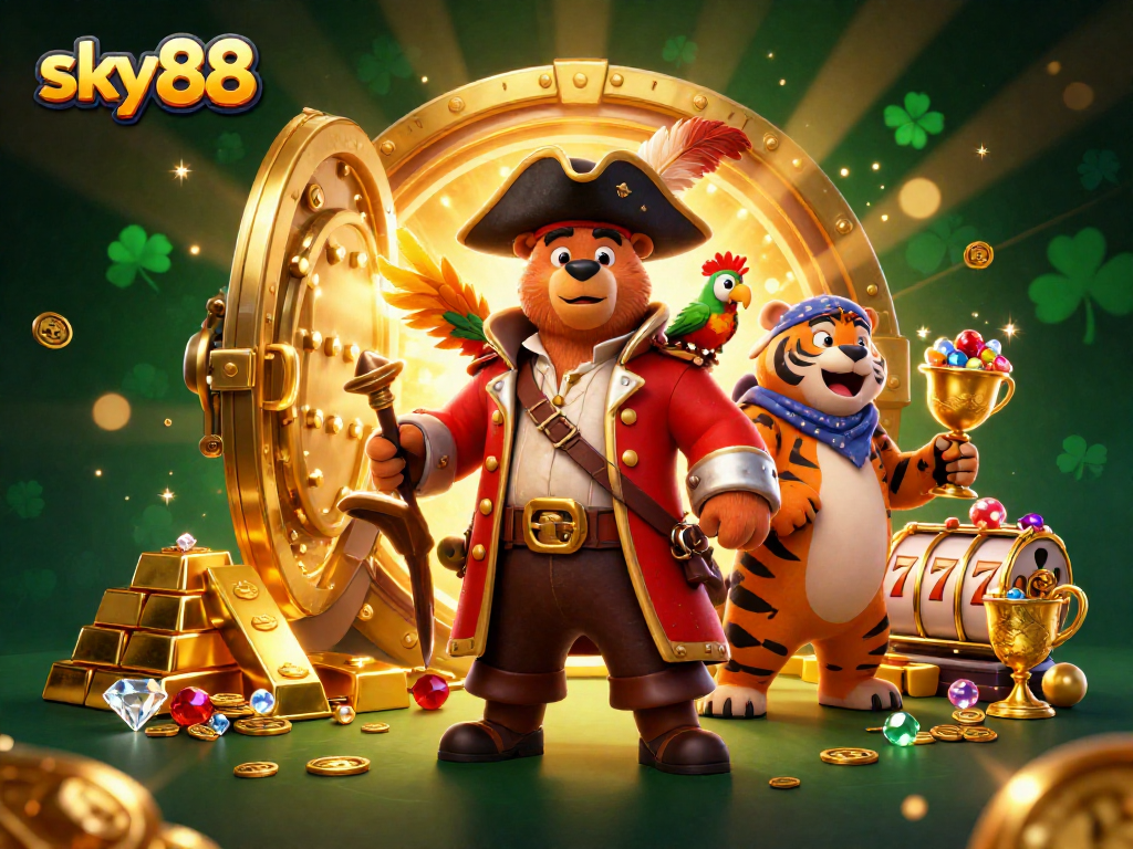 Engage in the thrilling adventures at sky88 with a pirate captain and treasure alongside slot reels.