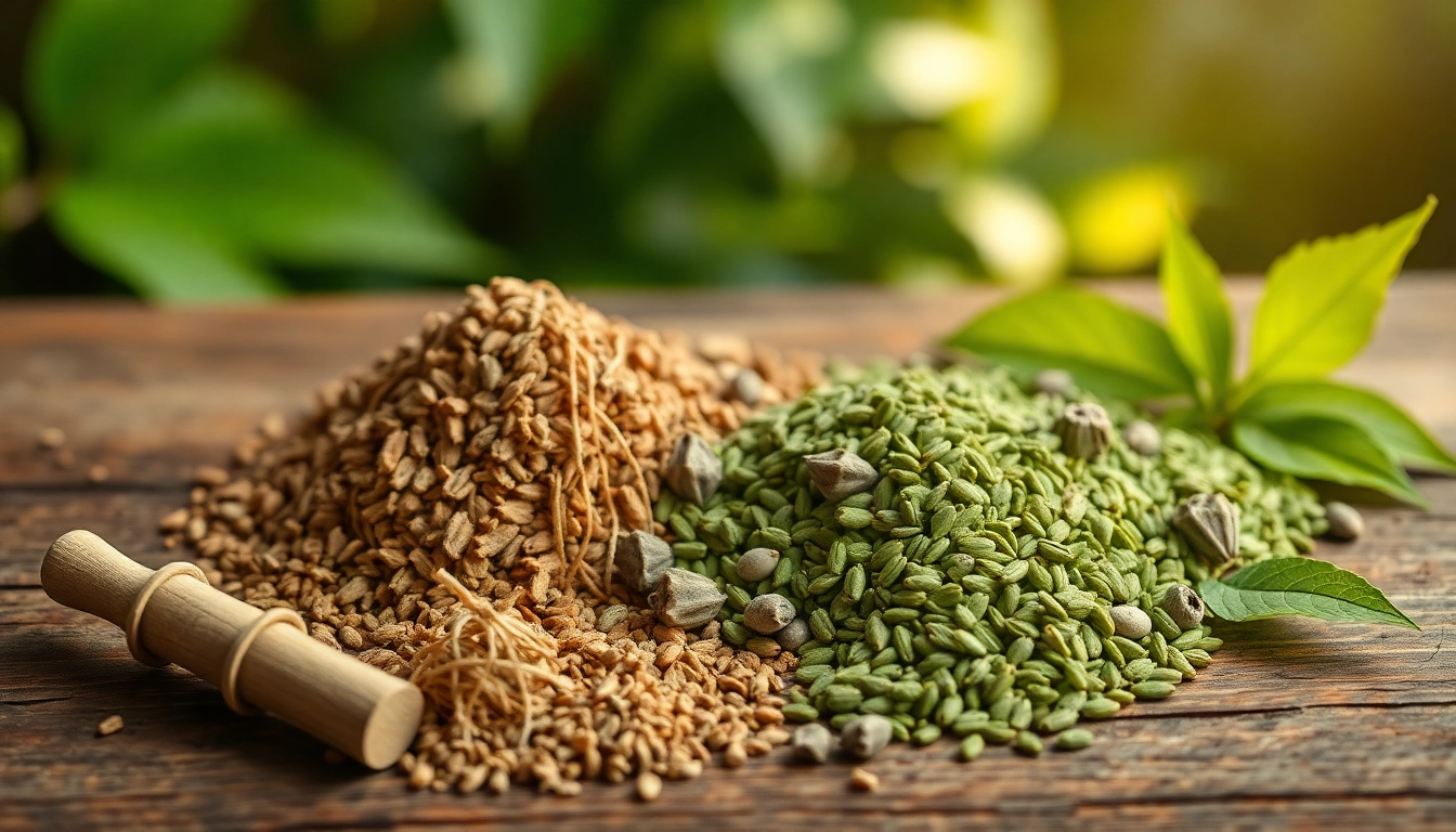 Qualitativ hochwertiges Kratom-Sortiment von https://www.kratombird.de auf rustikalem Tisch, beleuchtet von natürlichem Licht.