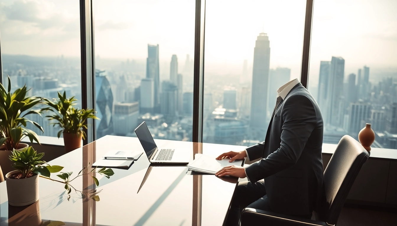 Headhunter Finance: Professioneller Berater im Finanzsektor steht am Schreibtisch mit Aussicht auf die Stadt.